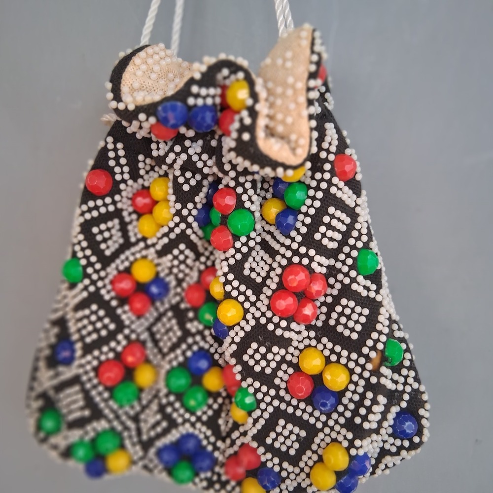 Vintage Mr Jonas Candy Dot Beaded Drawstring Bag Purse Geometric Primary Colors
